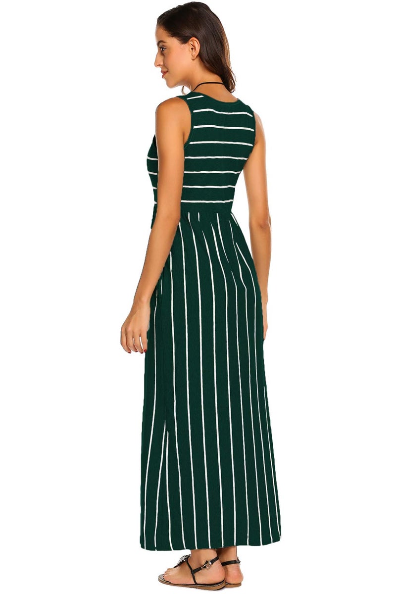 Hount Women's Summer Sleeveless Striped Flowy Casual Long Maxi Dress with Pockets (Green, Medium) - Image 4